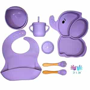 Ji and Ja 7-Piece Silicone Baby Feeding Set Complete Tableware Kit for Babies & Toddlers with Elephant Shape Suction Plate, Bowl, Cup, Spoon, Fork, Bib...