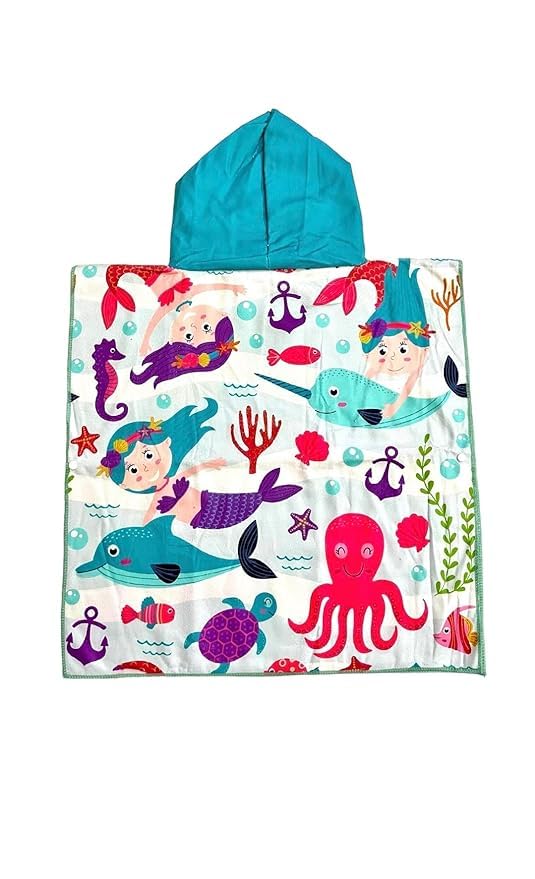 Ji and Ja Printed Hooded Poncho Bath Towels for Kids | Soft Absorbing Cartoon Printed Towels | Full Size: 0-6 yrs, Size: 60x120 cm (Ocean World Beach Towel)