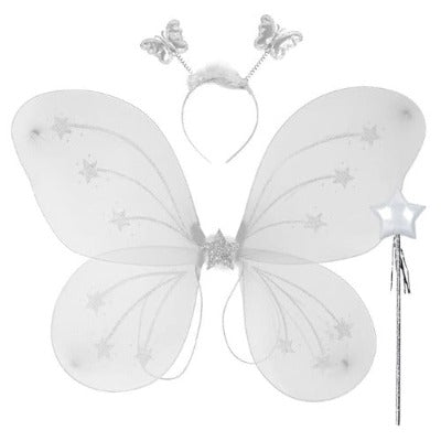 Fairy Butterfly Wings With Matching Hair Band And Magic Wand Costume For Baby Girls White