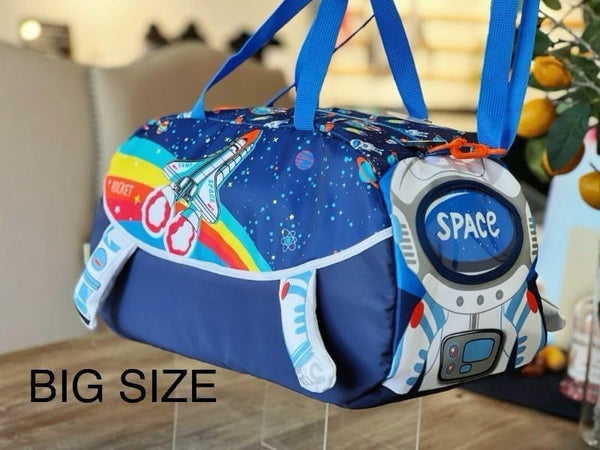 Ji and Ja Duffle Bag for Boys|Girls Kids Gym Bag Sports Travel Bag Weekender Overnight Bag Big Size for Kids/Teenagers Duffle Bag (Space Rocket Astronaut Blue)