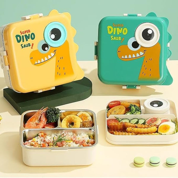 Ji and Ja Multi Compartment Eye Design Stainless Steel Lunch Box with Spoon Cup for Students School Kids and Adults (Multi Color) (Dino)