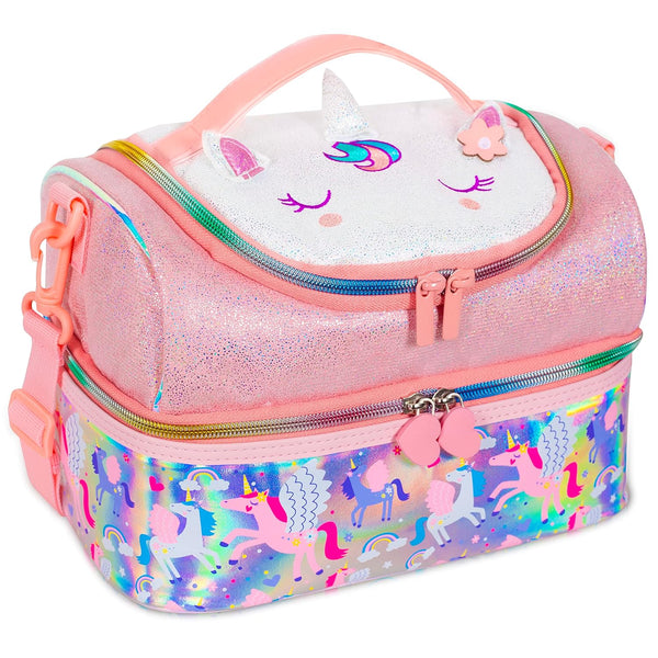 Ji and Ja® Multi Compartment Dual Slot Lunch Bag Double Insulated Tiffin Lunch Bag with Multi Zipper Pockets for School (Unicorn cat))