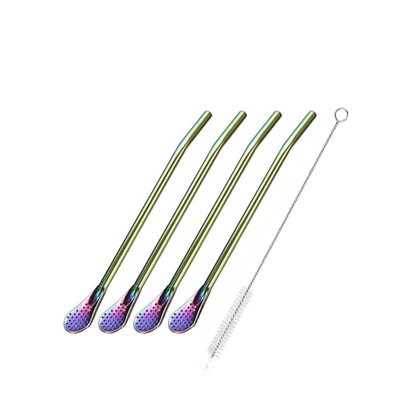 4pcs Removable Stainless Steel Straw Filter Spoon with 1 Cleaning Brush