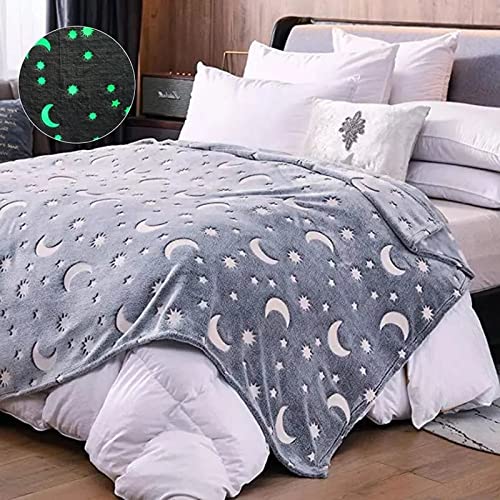 Glow in The Dark Blanket Small Grey Moon Star Soft Cozy All Season Blankets